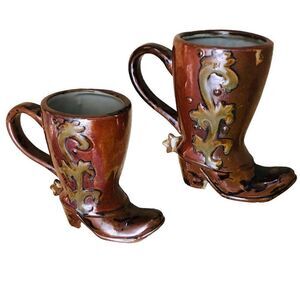 Lot/2 Canyon Ranch Figural Mugs Collection Hand Painted Stoneware Cowboy’s Boots